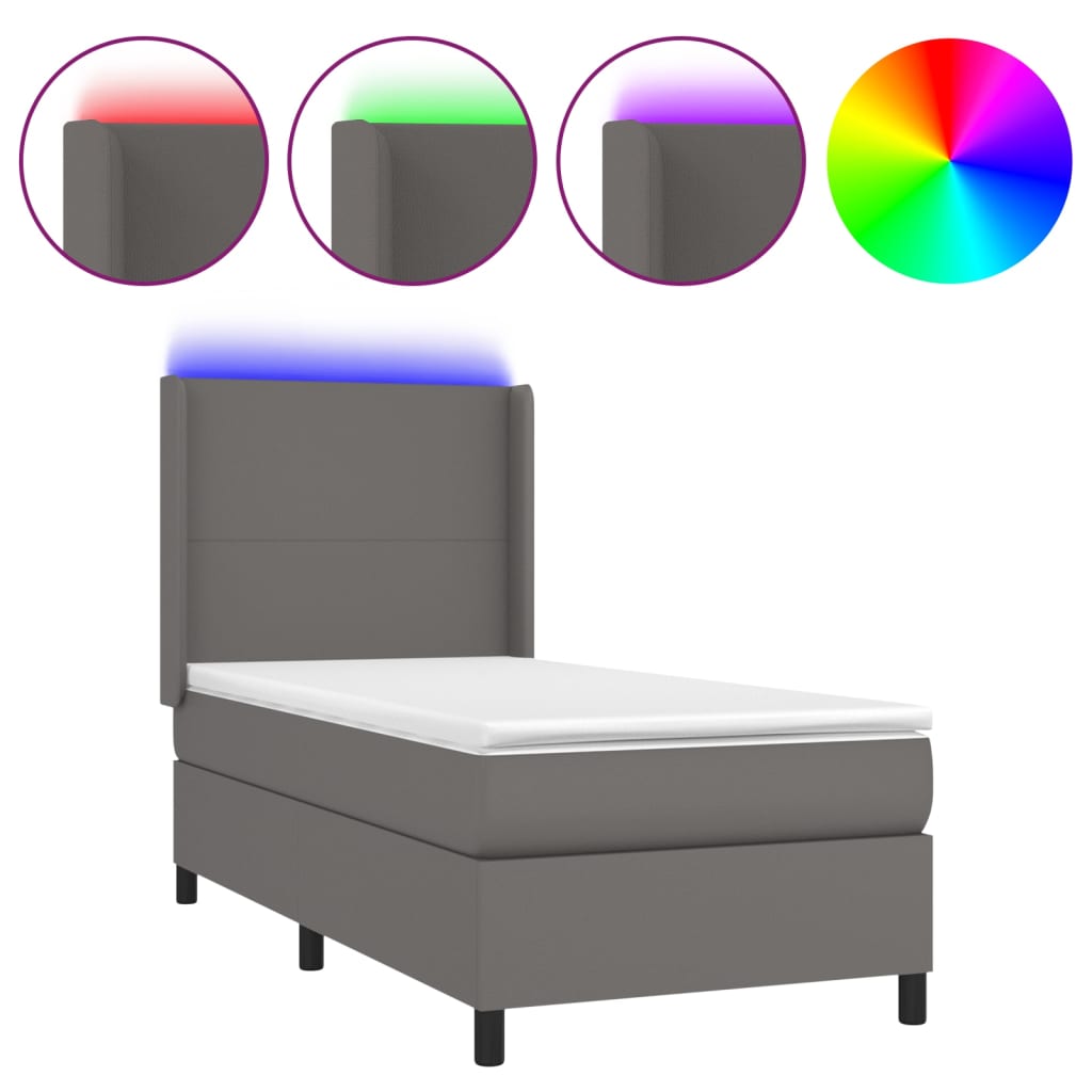 Krevet box spring s madracem LED sivi 90x190 cm od umjetne kože