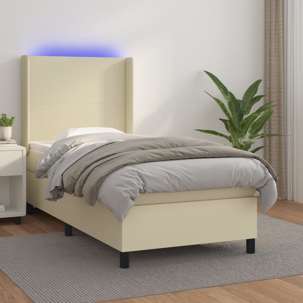 Krevet box spring s madracem LED krem 100x200cm od umjetne kože