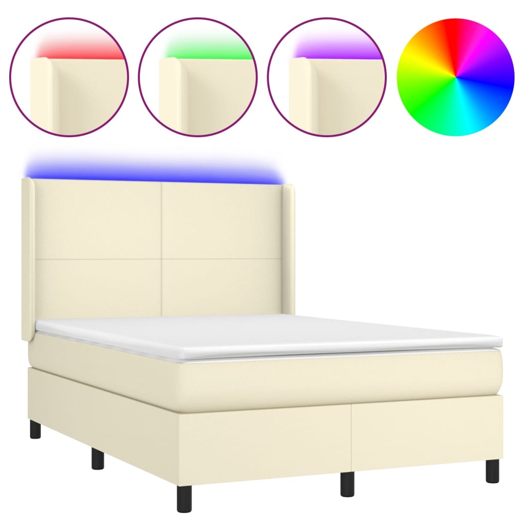 Krevet box spring s madracem LED krem 140x190cm od umjetne kože