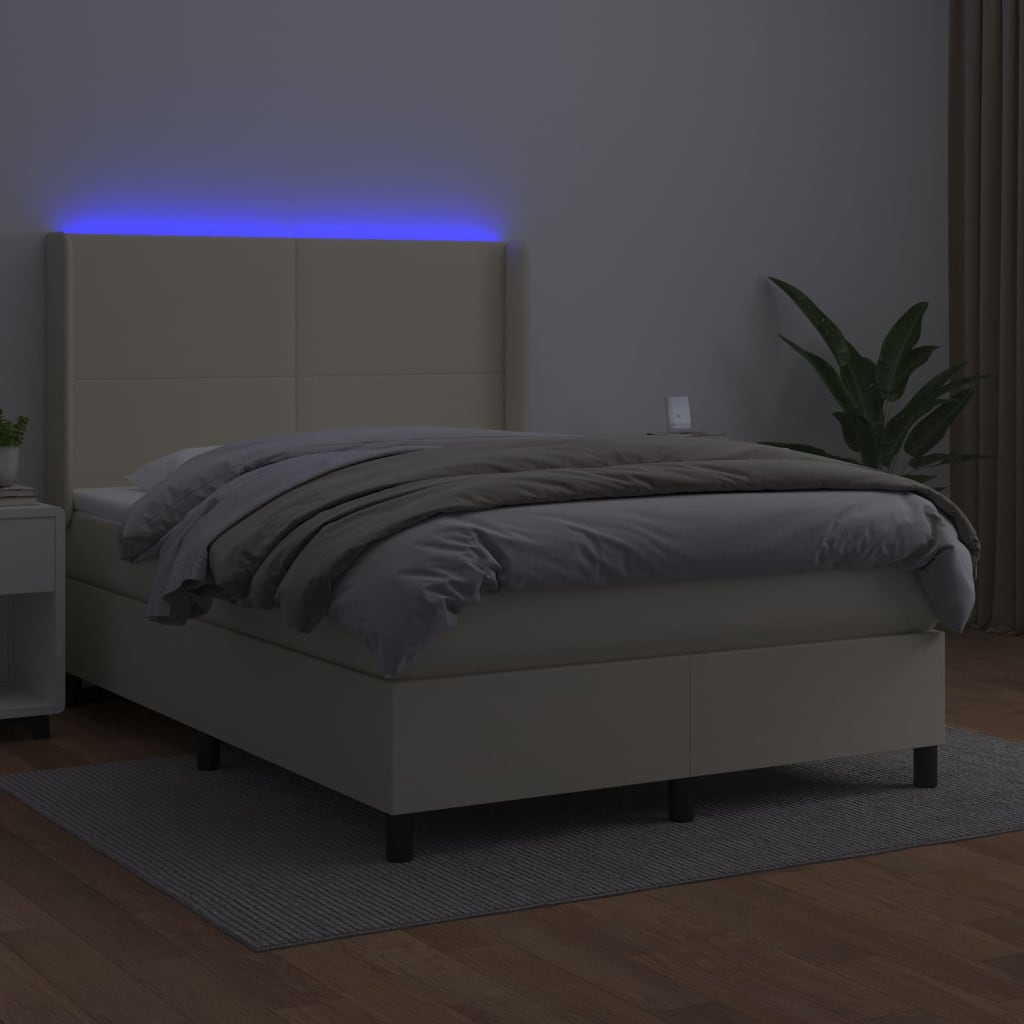 Krevet box spring s madracem LED krem 140x190cm od umjetne kože