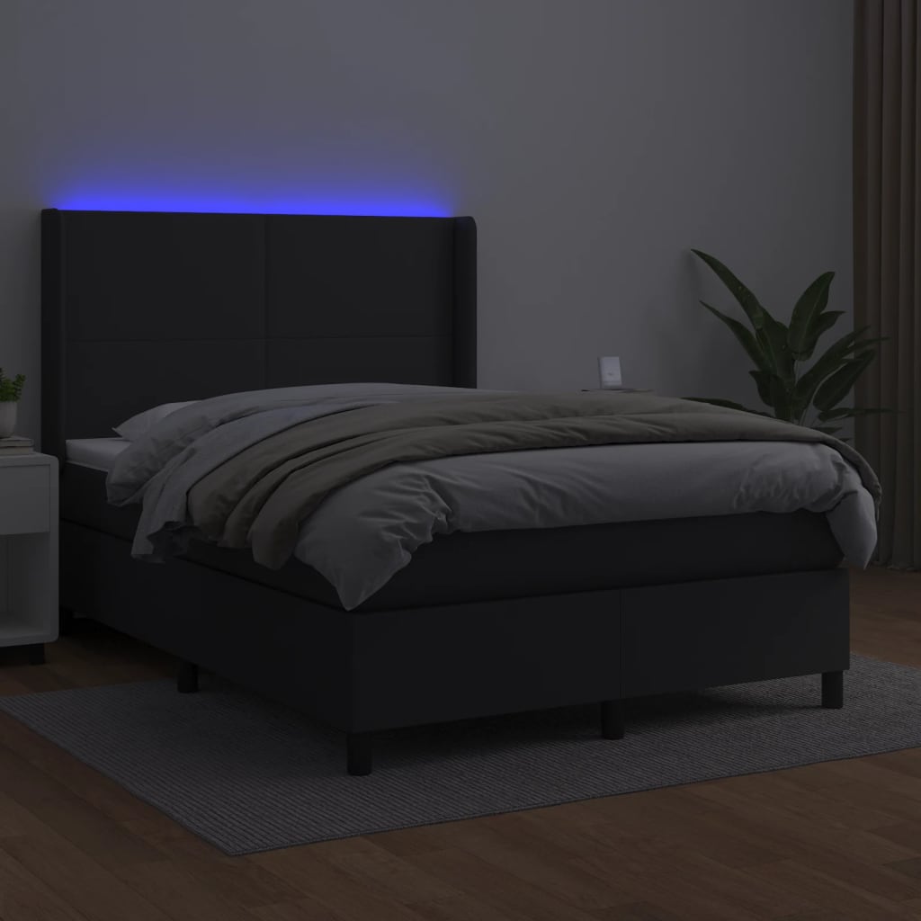 Krevet box spring s madracem LED crni 140x200cm od umjetne kože
