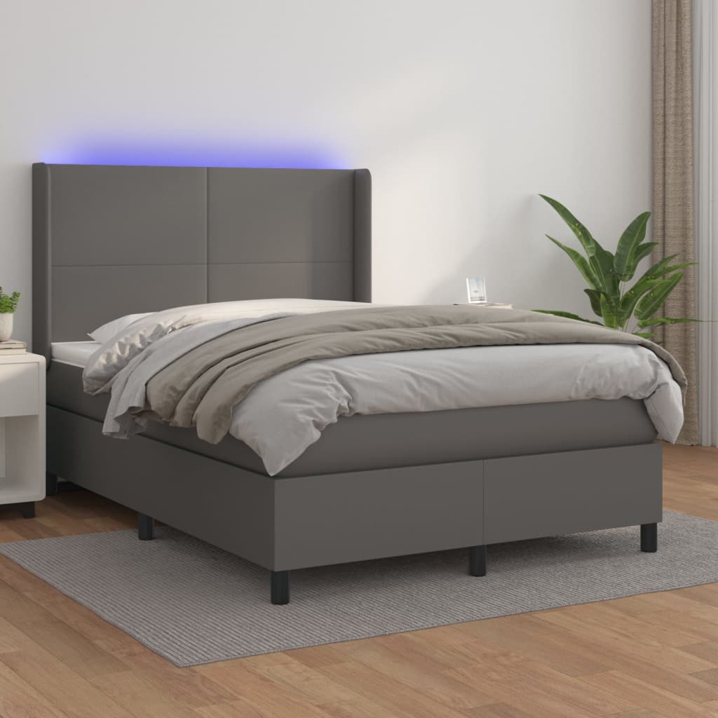 Krevet box spring s madracem LED sivi 140x200cm od umjetne kože