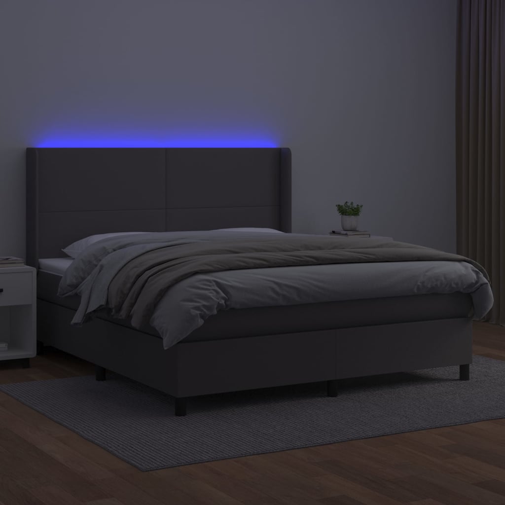 Krevet box spring s madracem LED sivi 160x200cm od umjetne kože