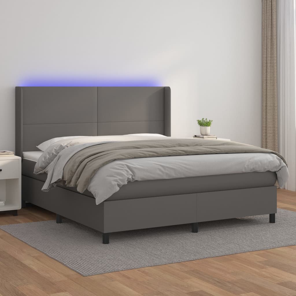 Krevet box spring s madracem LED sivi 160x200cm od umjetne kože