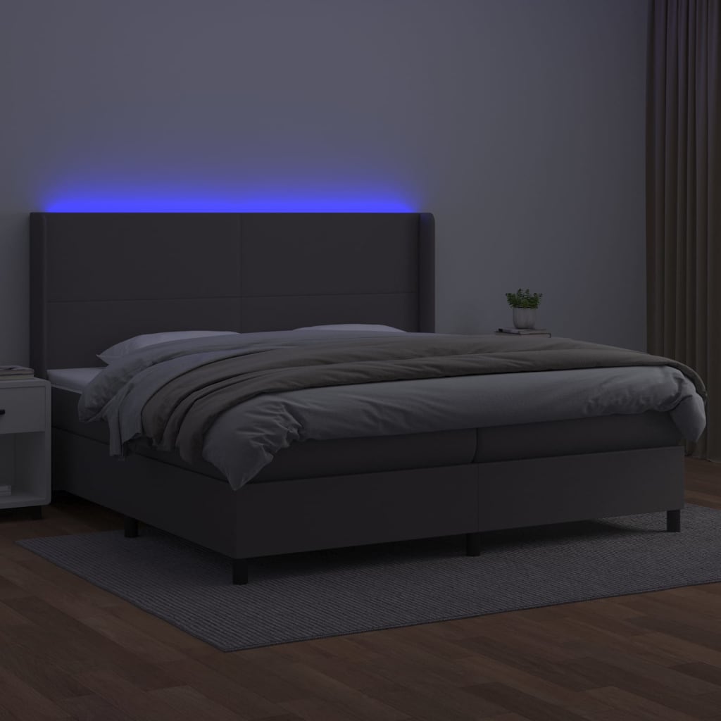 Krevet box spring s madracem LED sivi 200x200cm od umjetne kože