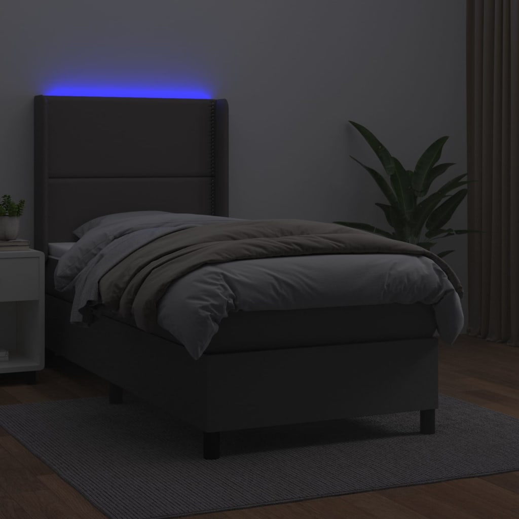 Krevet box spring s madracem LED sivi 90x190 cm od umjetne kože