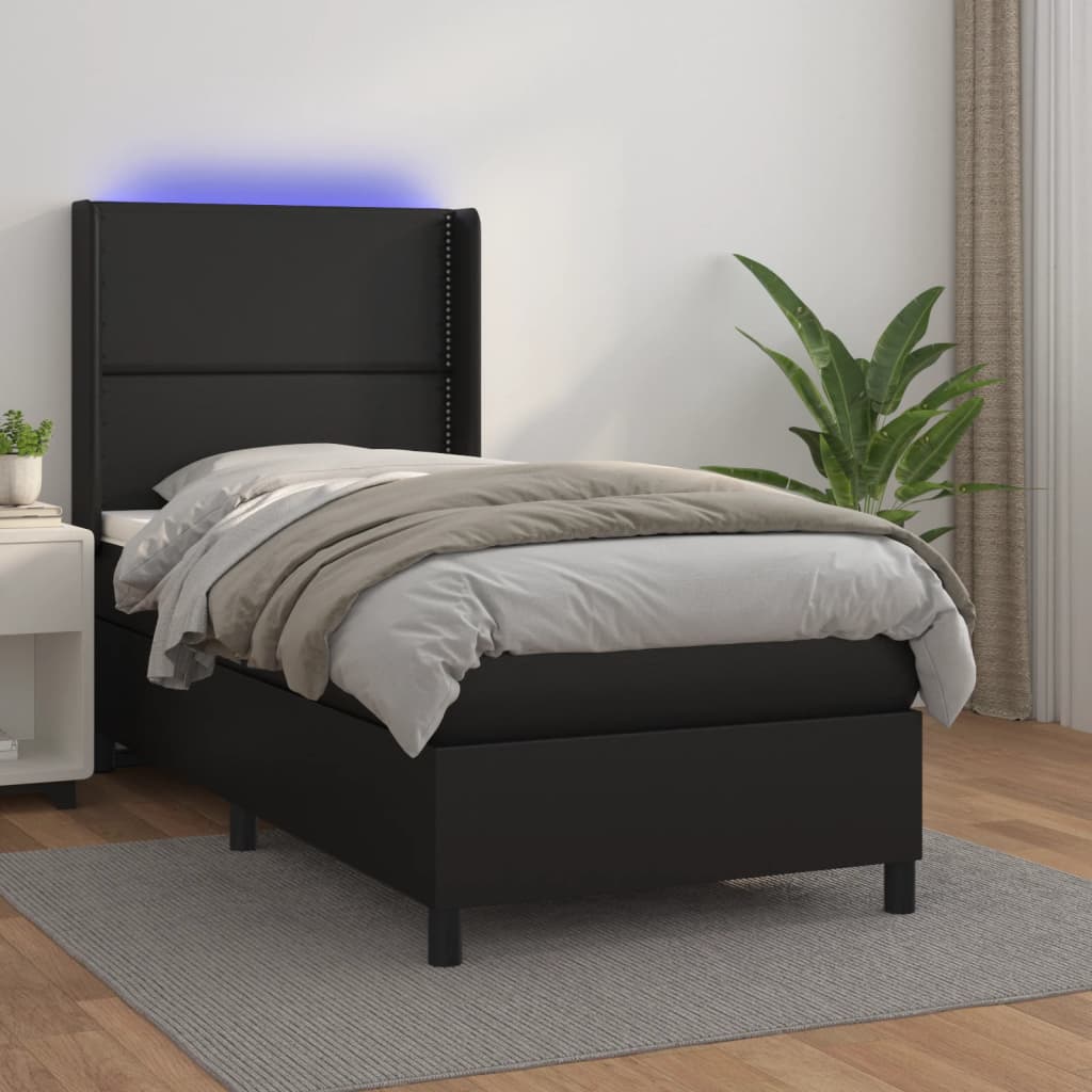 Krevet box spring s madracem LED crni 100x200cm od umjetne kože