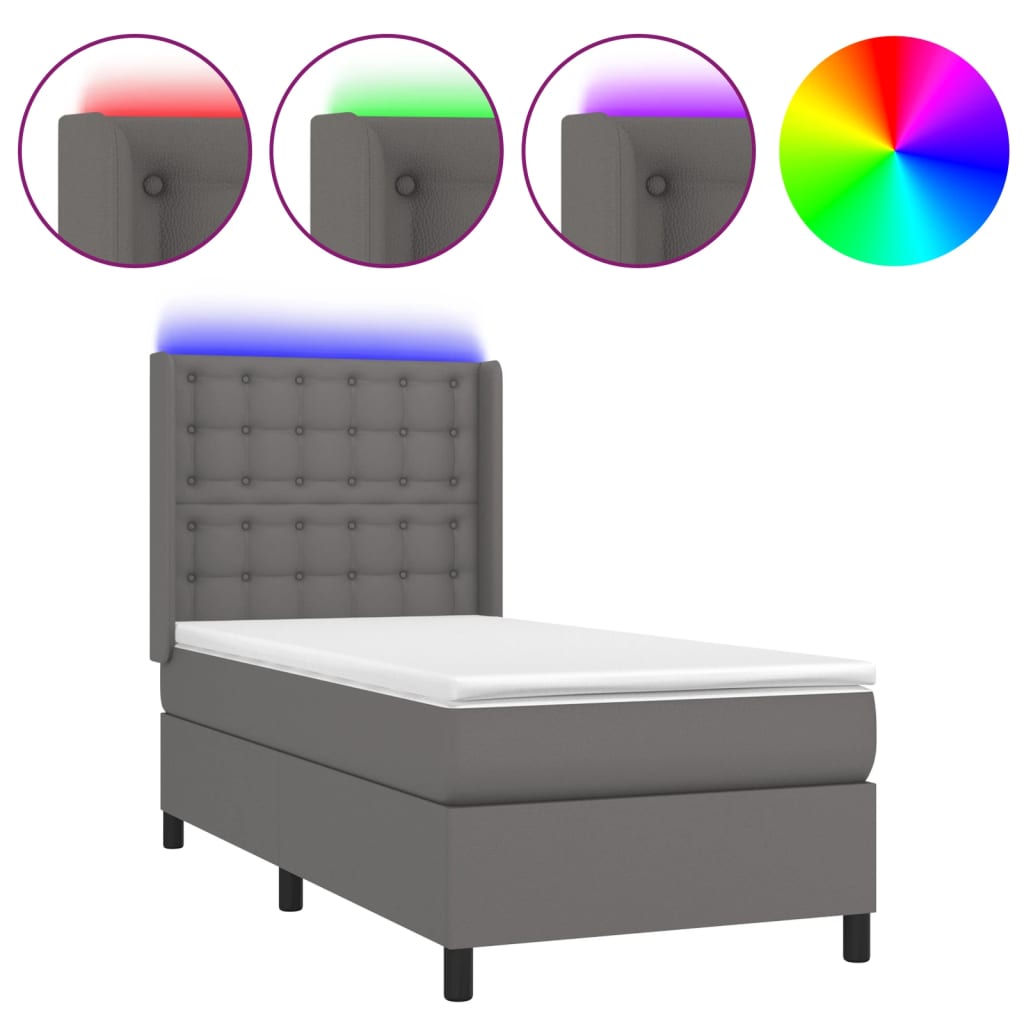 Krevet box spring s madracem LED sivi 90x200 cm od umjetne kože