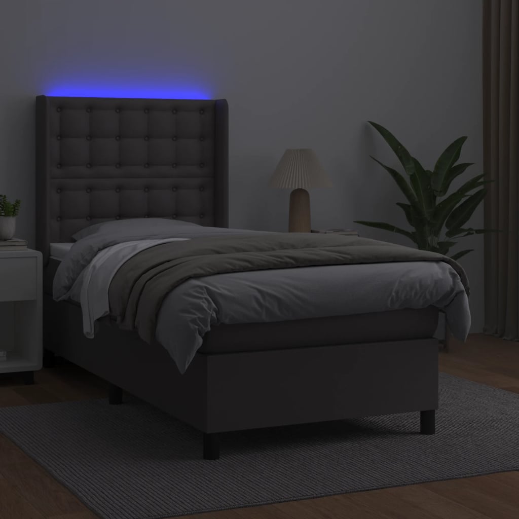 Krevet box spring s madracem LED sivi 90x200 cm od umjetne kože