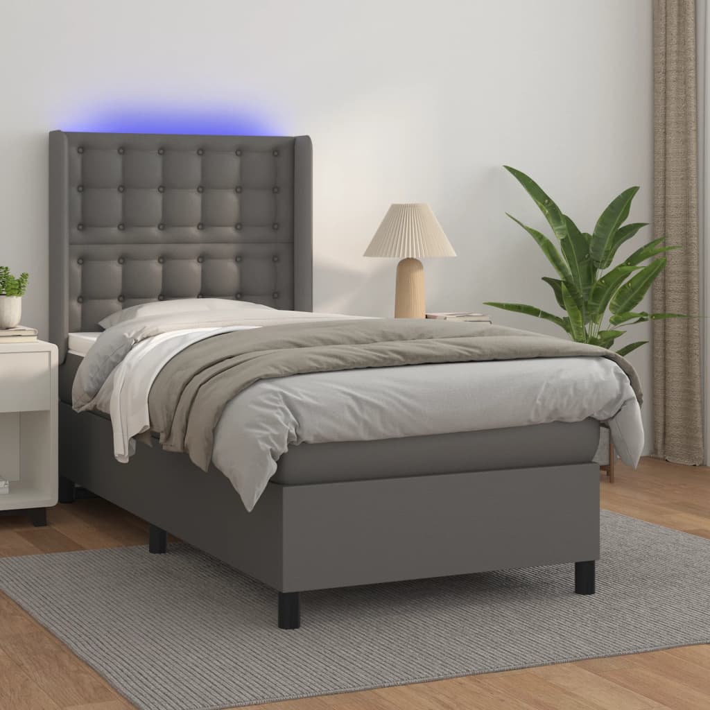 Krevet box spring s madracem LED sivi 90x200 cm od umjetne kože