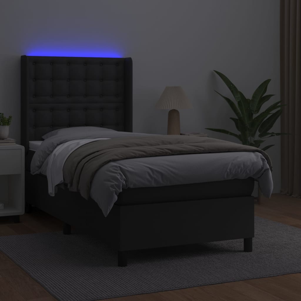 Krevet box spring s madracem LED crni 100x200cm od umjetne kože