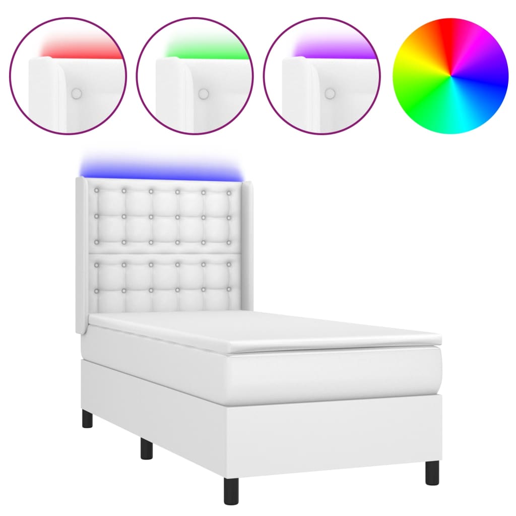 Krevet box spring s madracem LED bijeli 100x200 cm umjetna koža