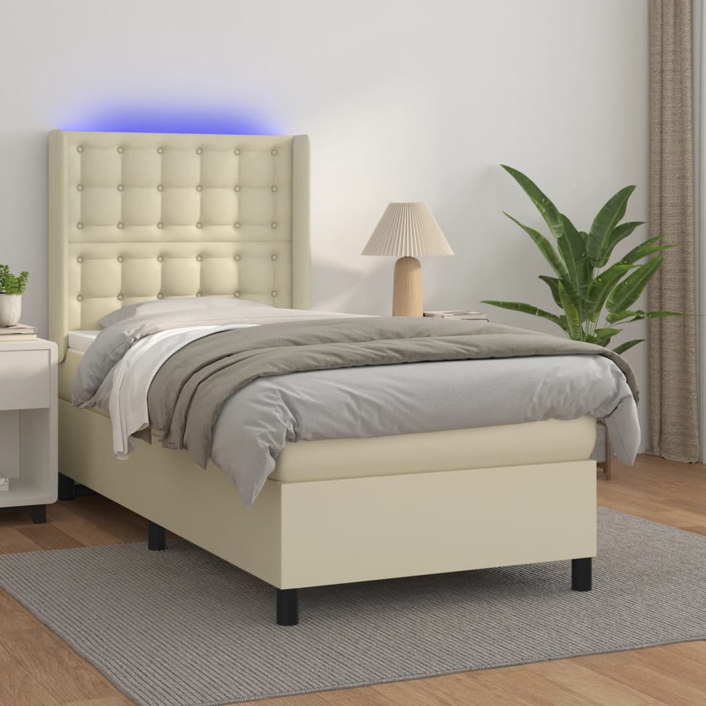 Krevet box spring s madracem LED krem 100x200cm od umjetne kože