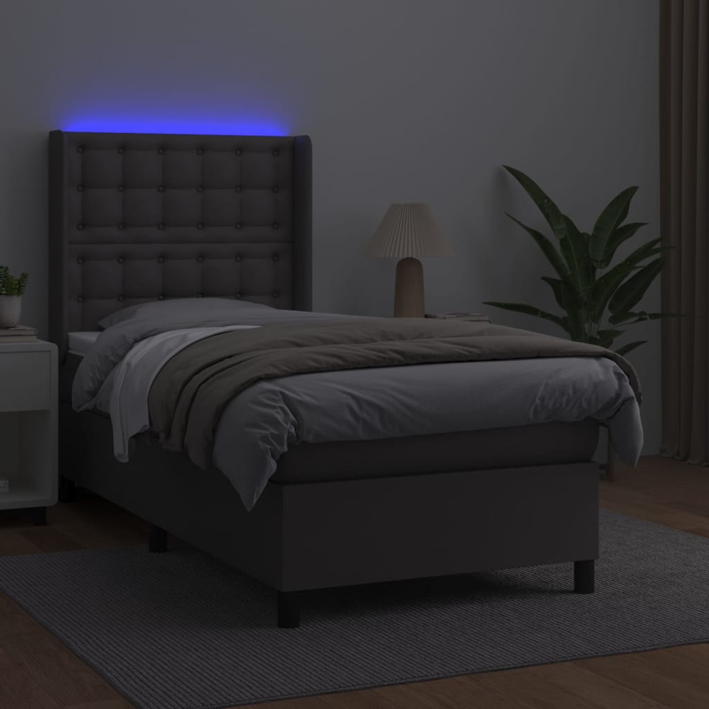 Krevet box spring s madracem LED sivi 100x200cm od umjetne kože