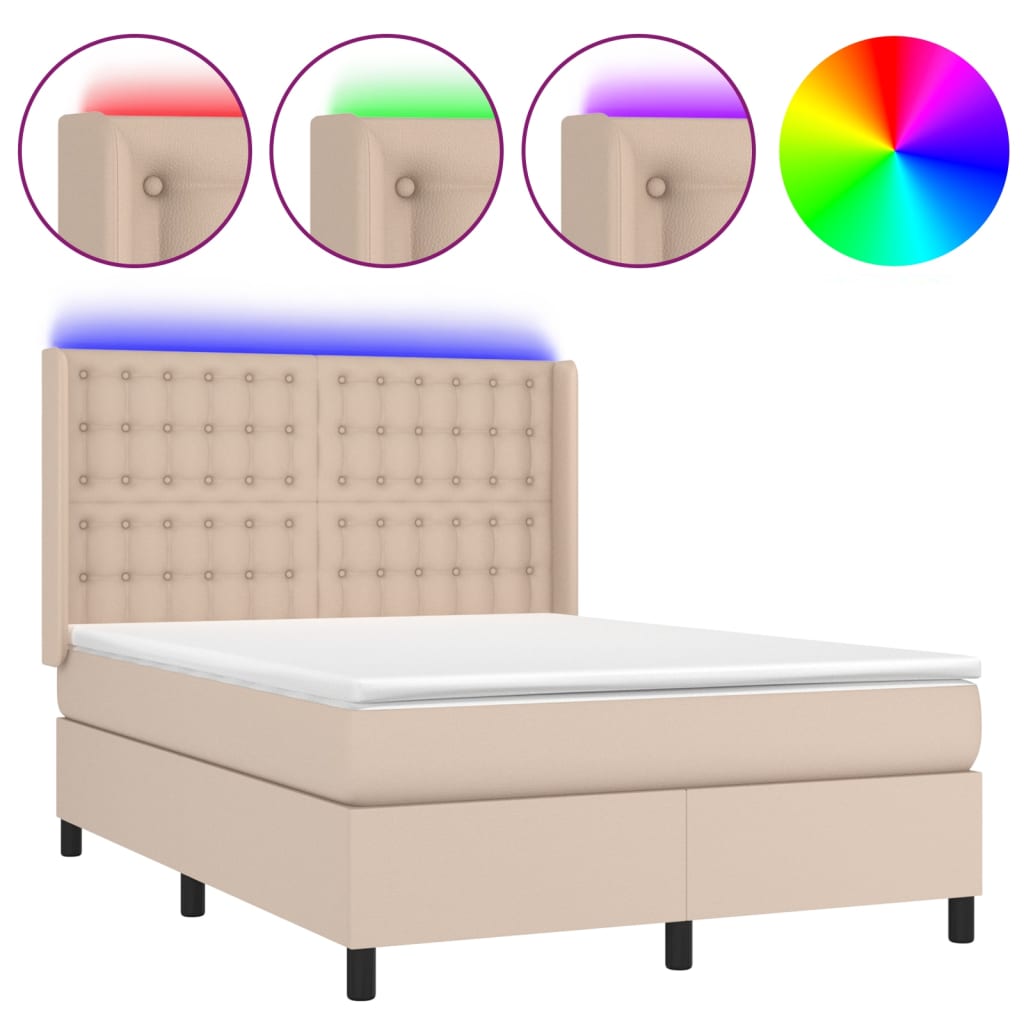 Krevet box spring madrac LED cappuccino 140x190cm umjetna koža