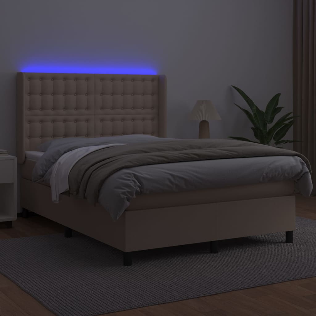 Krevet box spring madrac LED cappuccino 140x190cm umjetna koža