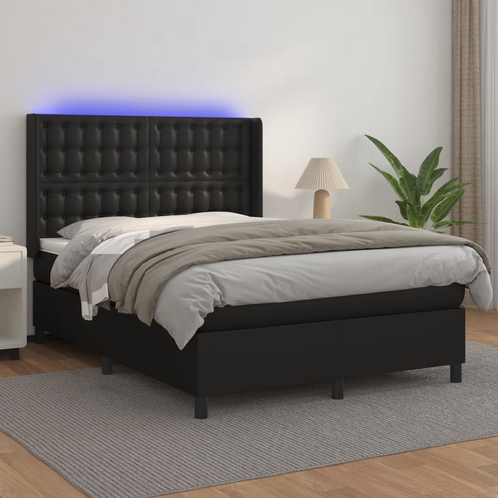 Krevet box spring s madracem LED crni 140x200cm od umjetne kože