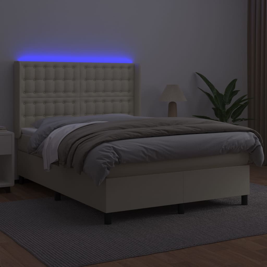 Krevet box spring s madracem LED krem 140x200cm od umjetne kože