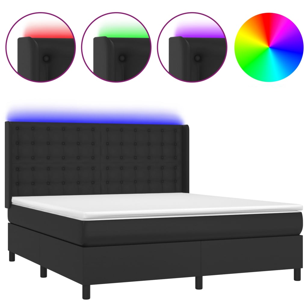 Krevet box spring s madracem LED crni 180x200cm od umjetne kože