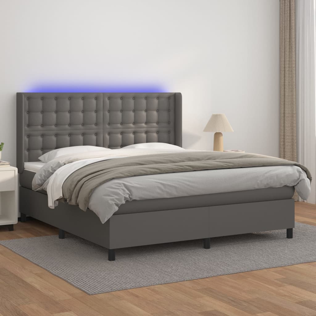 Krevet box spring s madracem LED sivi 180x200cm od umjetne kože
