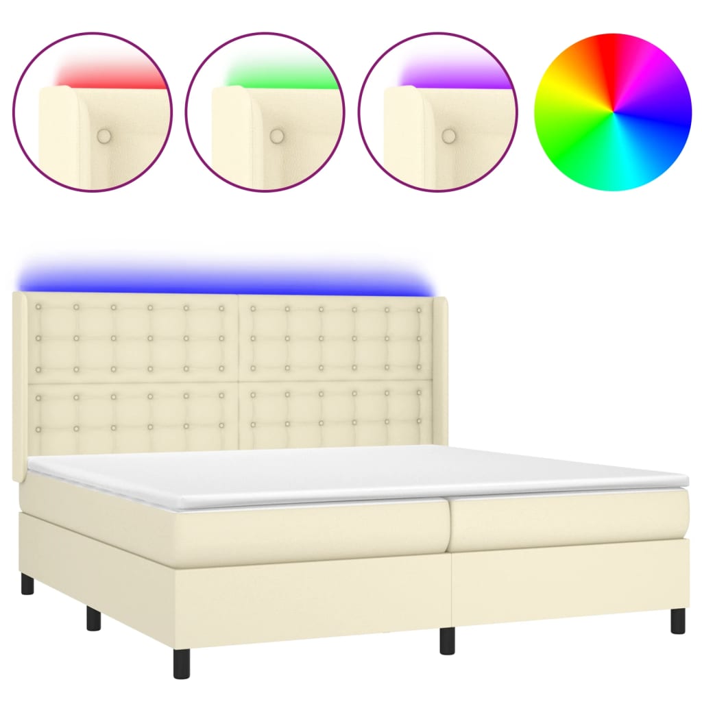 Krevet box spring s madracem LED krem 200x200cm od umjetne kože