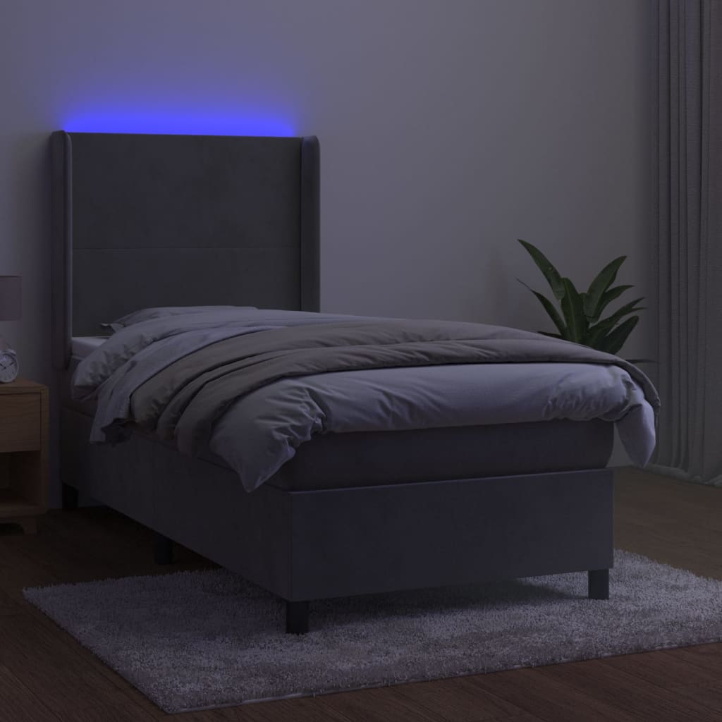 Krevet box spring s madracem LED svjetlosivi 100x200 cm baršun