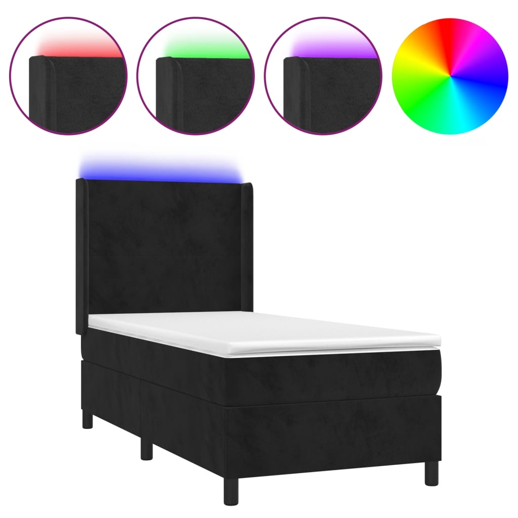 Krevet box spring s madracem LED crni 100x200 cm baršun