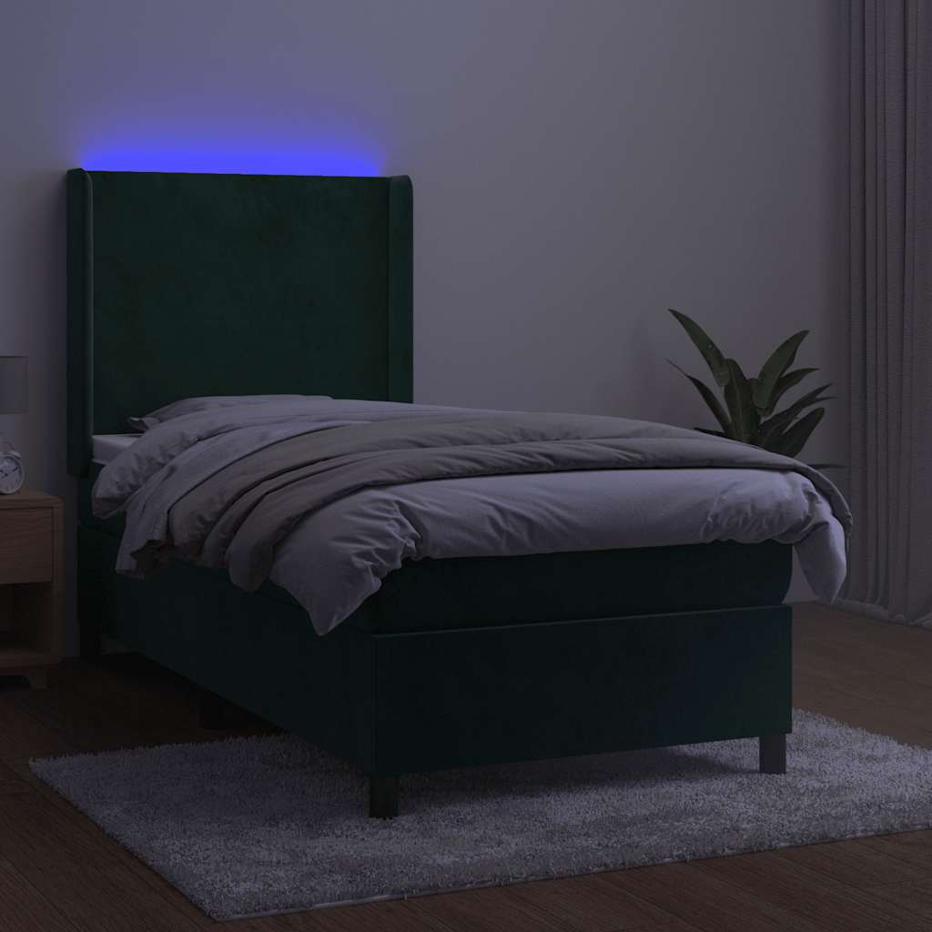 Krevet box spring s madracem LED tamnozeleni 100x200 cm baršun