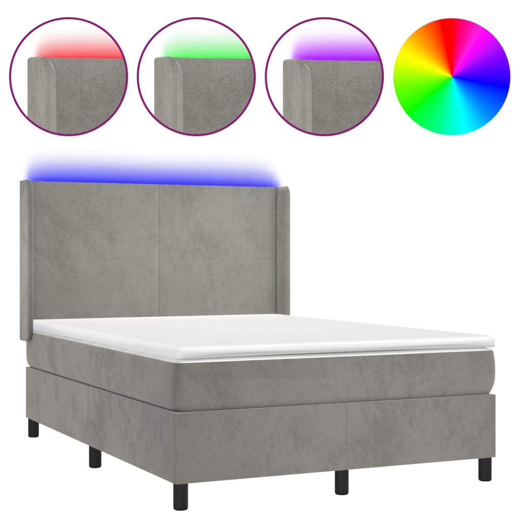 Krevet box spring s madracem LED svjetlosivi 140x190 cm baršun
