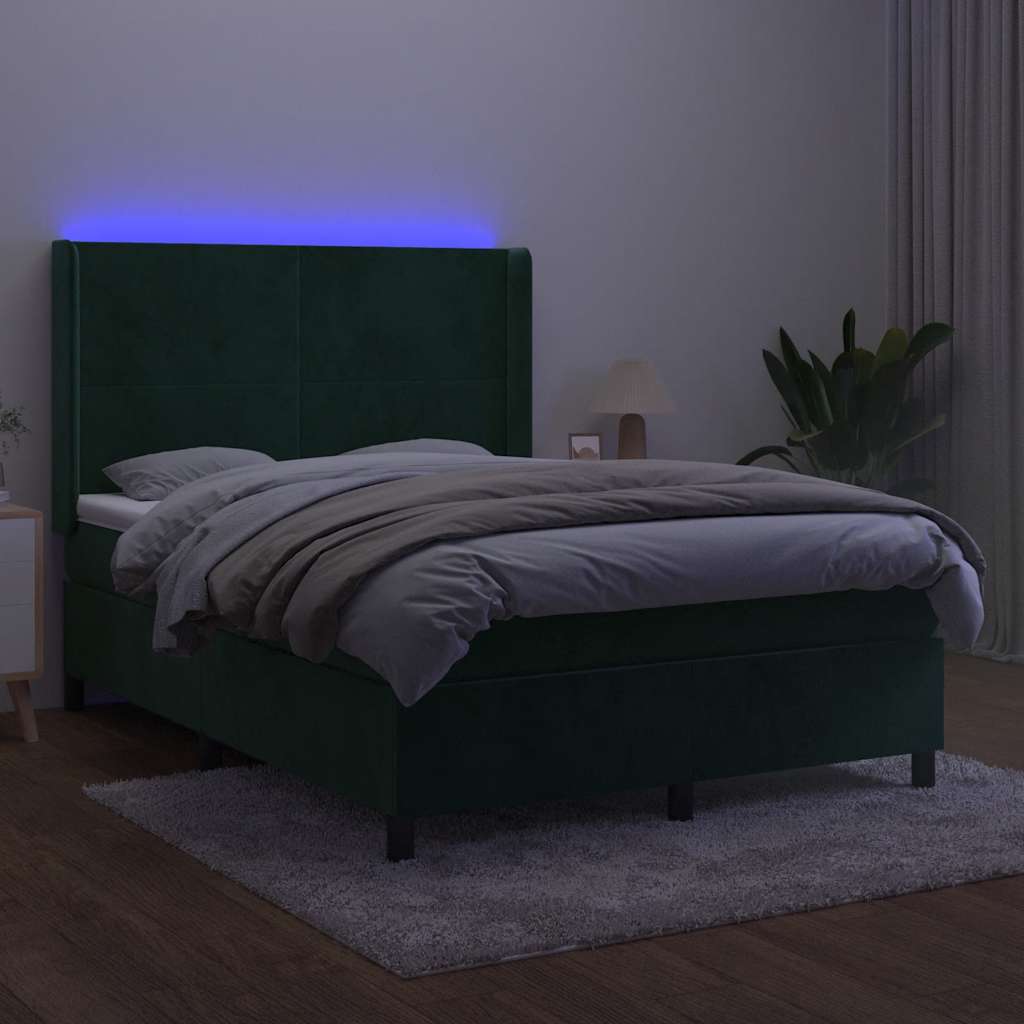 Krevet box spring s madracem LED tamnozeleni 140x200 cm baršun