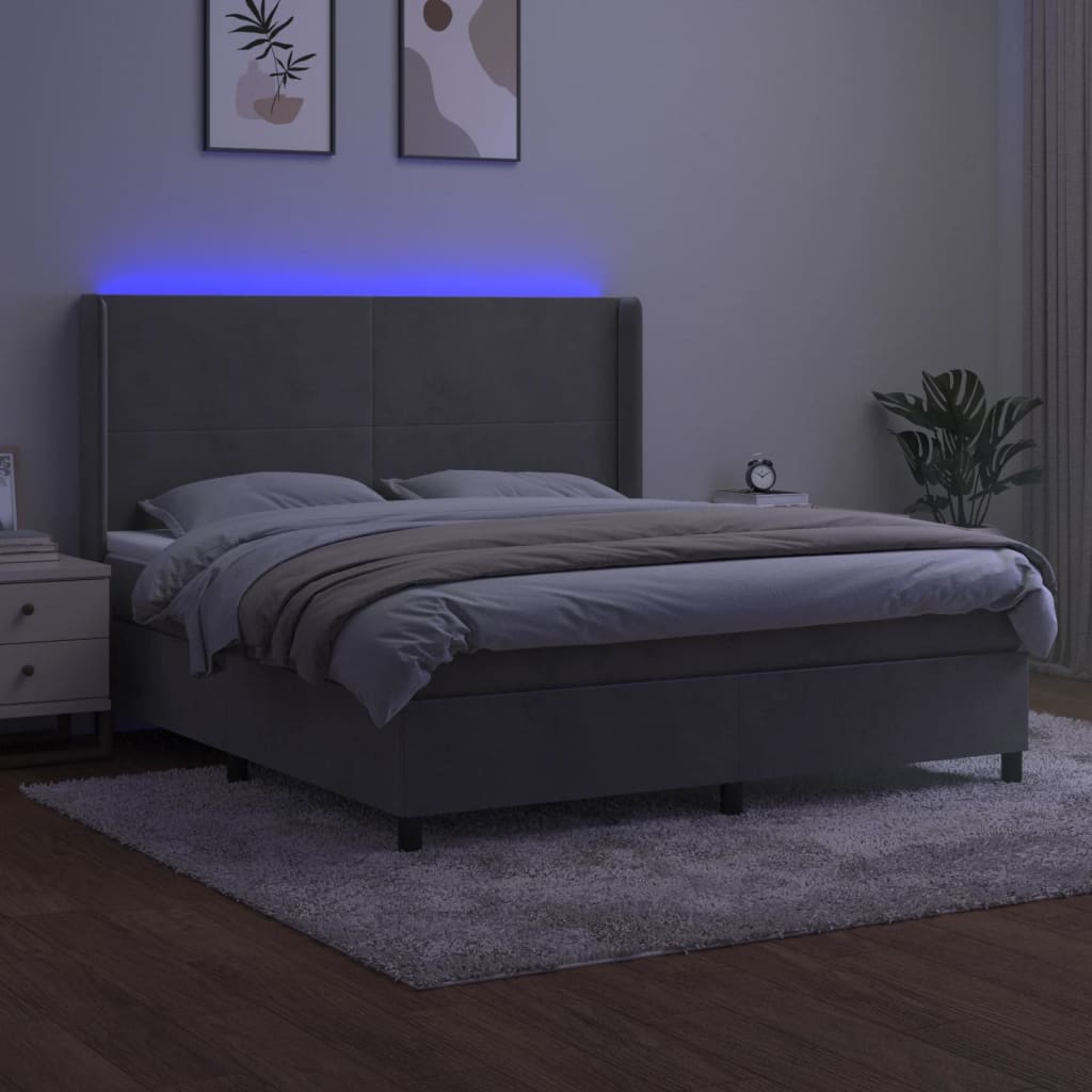 Krevet box spring s madracem LED svjetlosivi 160x200 cm baršun
