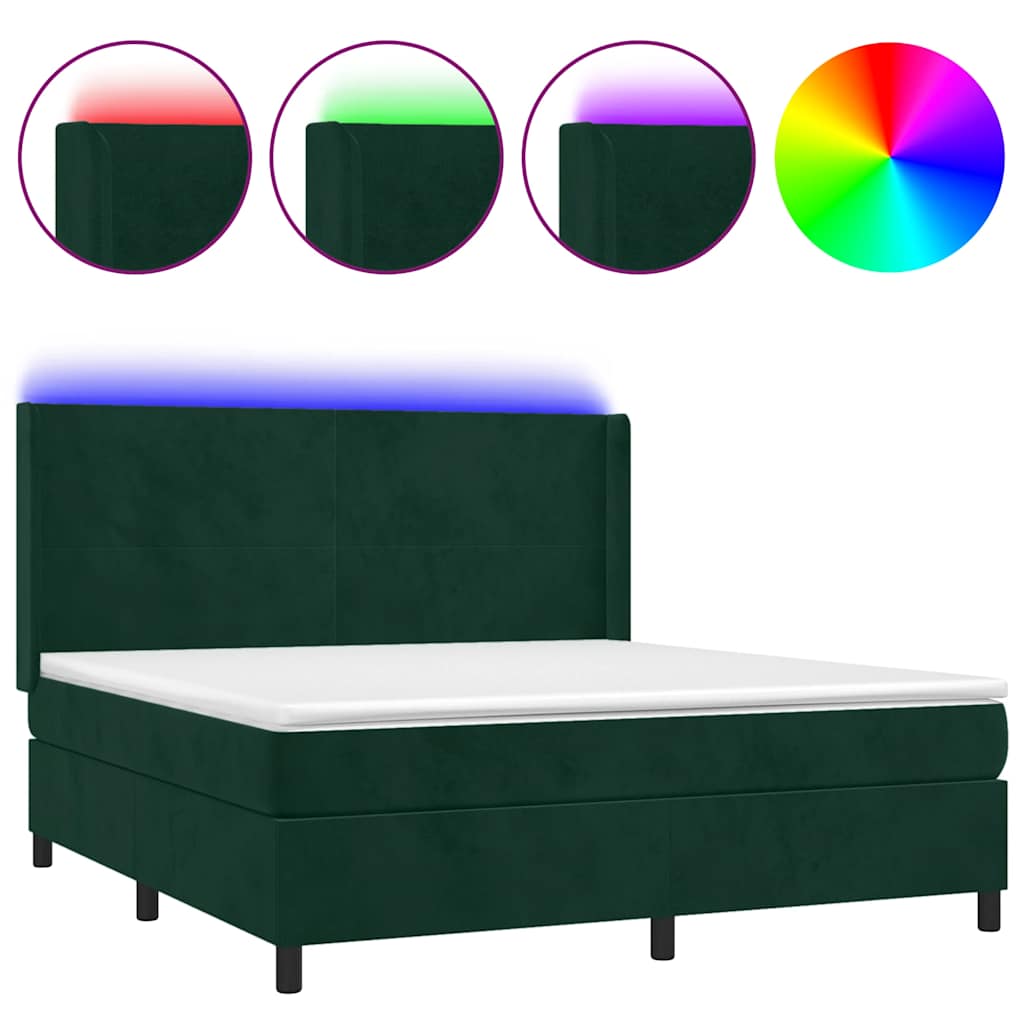 Krevet box spring s madracem LED tamnozeleni 160x200 cm baršun