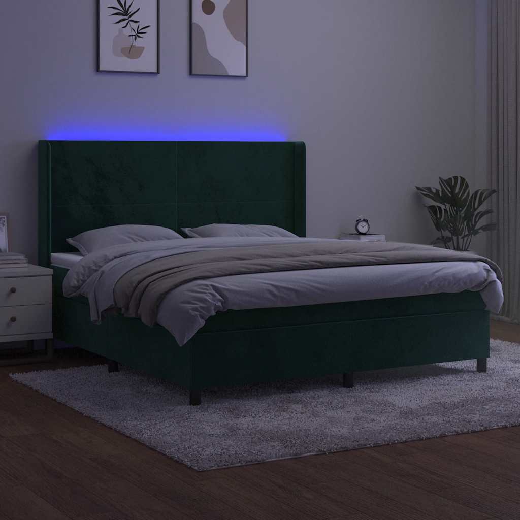 Krevet box spring s madracem LED tamnozeleni 160x200 cm baršun