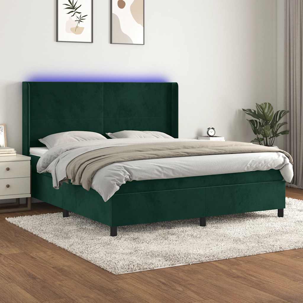 Krevet box spring s madracem LED tamnozeleni 160x200 cm baršun