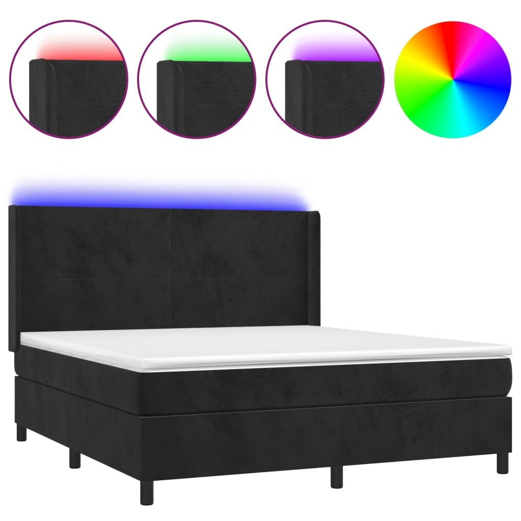 Krevet box spring s madracem LED crni 180x200 cm baršun