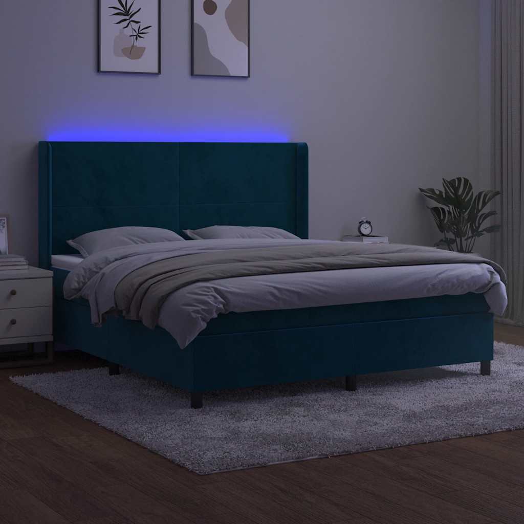 Krevet box spring s madracem LED tamnoplavi 180x200 cm baršun