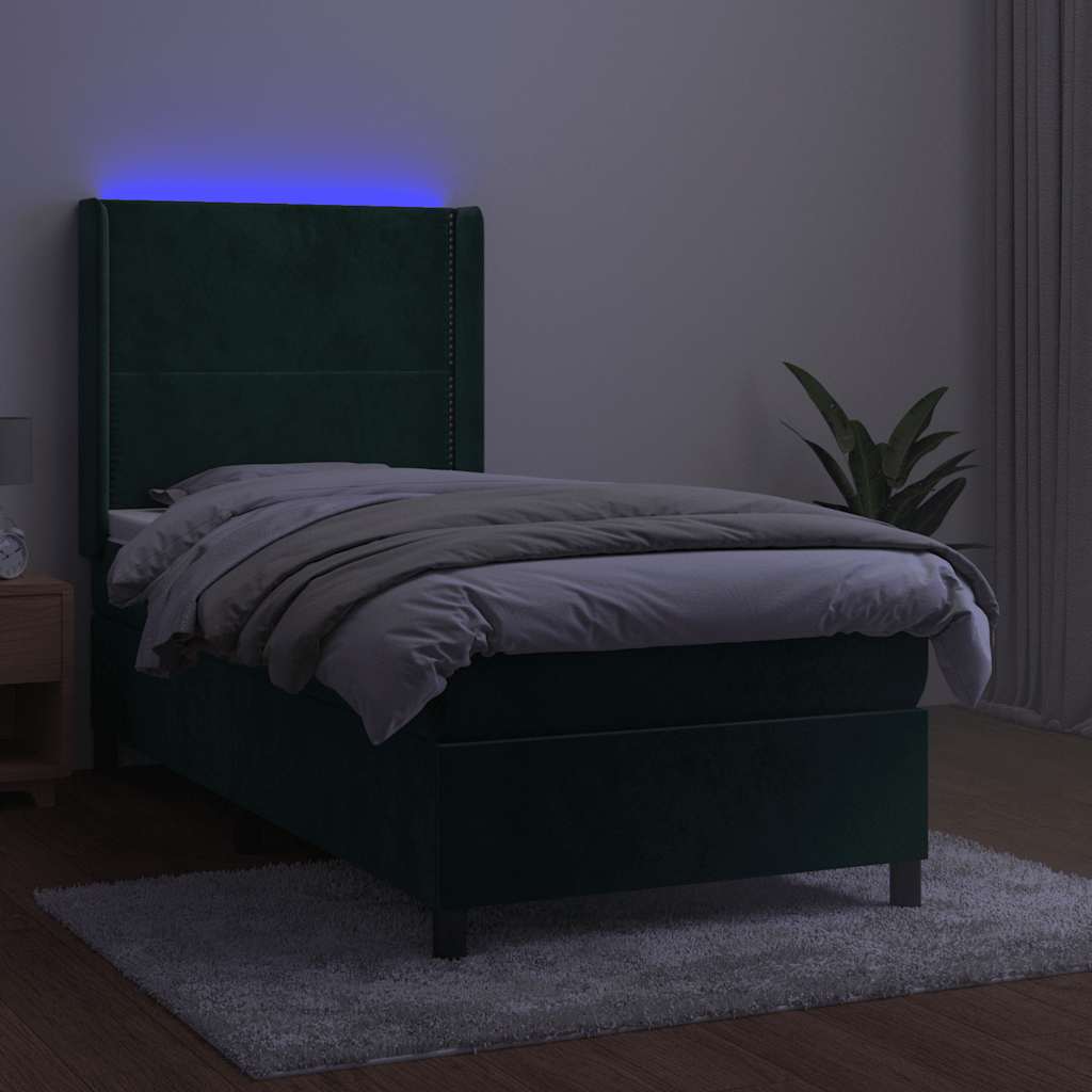 Krevet box spring s madracem LED tamnozeleni 90x190 cm baršun