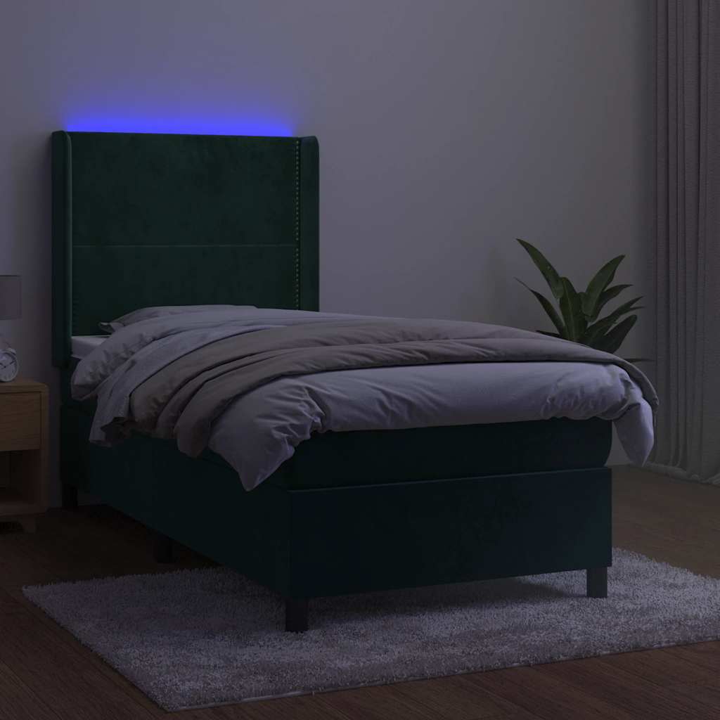 Krevet box spring s madracem LED tamnozeleni 100x200 cm baršun