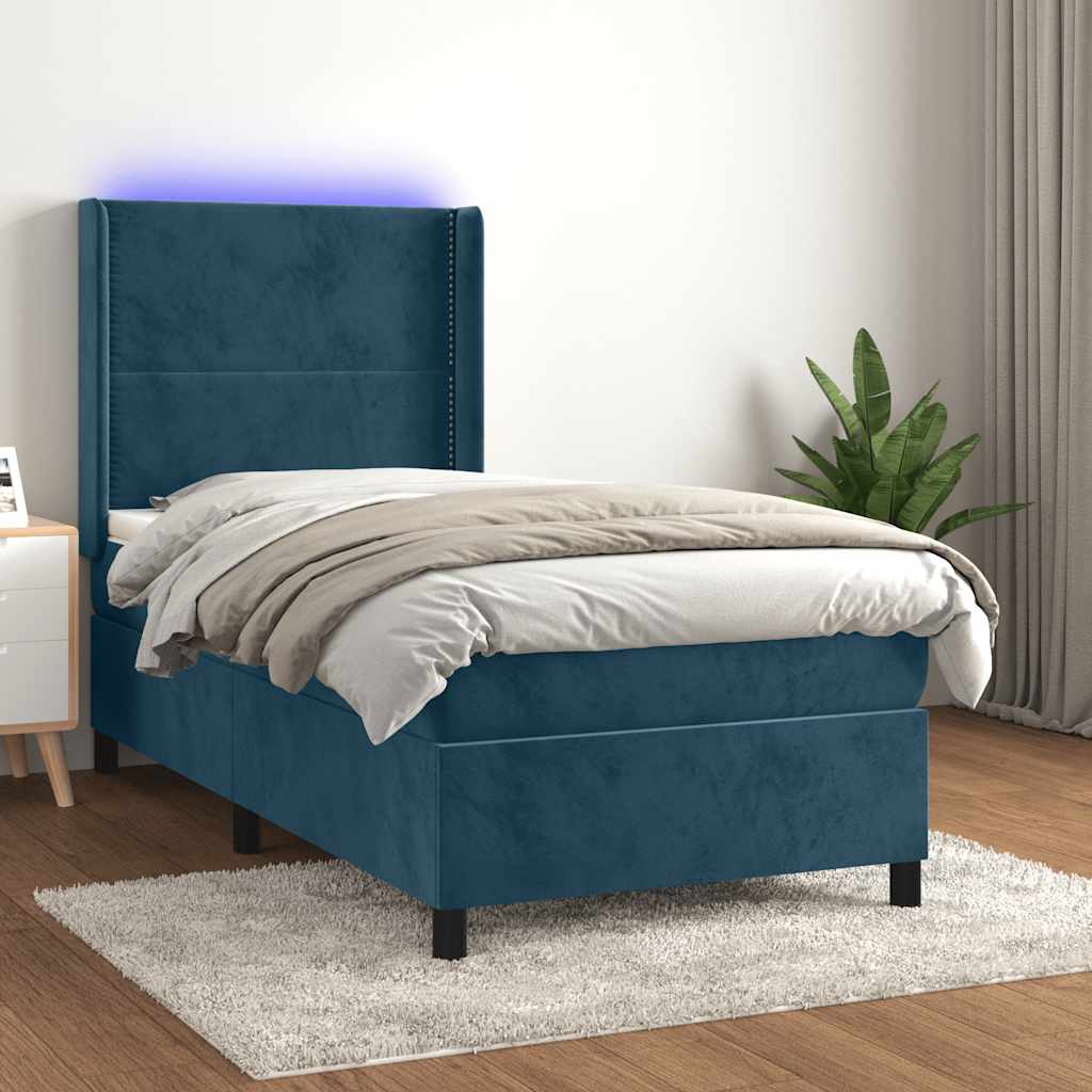 Krevet box spring s madracem LED tamnoplavi 100x200 cm baršun