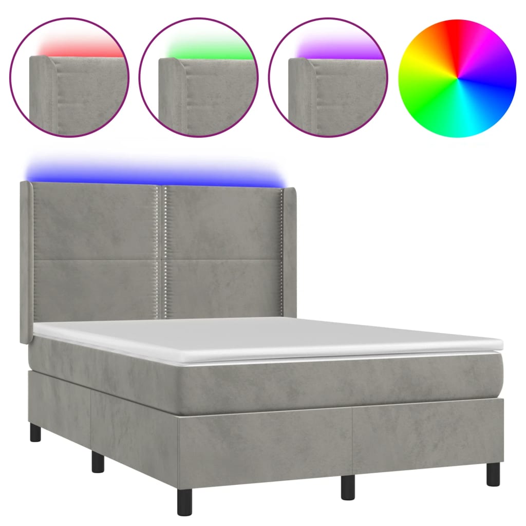 Krevet box spring s madracem LED svjetlosivi 140x190 cm baršun
