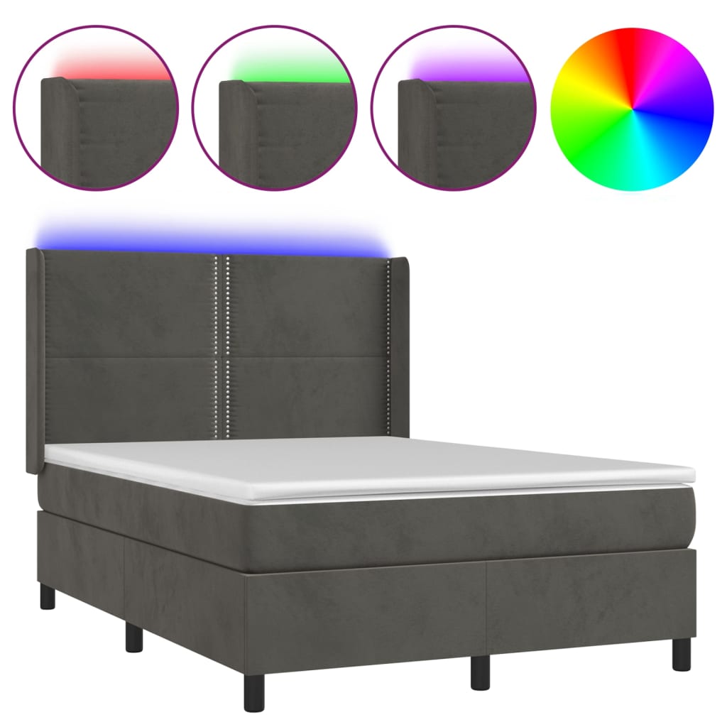 Krevet box spring s madracem LED tamnosivi 140x200 cm baršun
