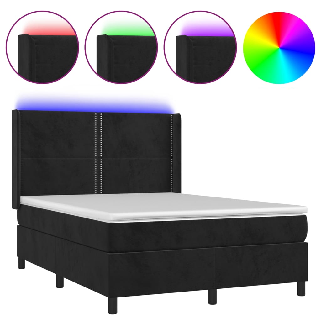 Krevet box spring s madracem LED crni 140x200 cm baršun