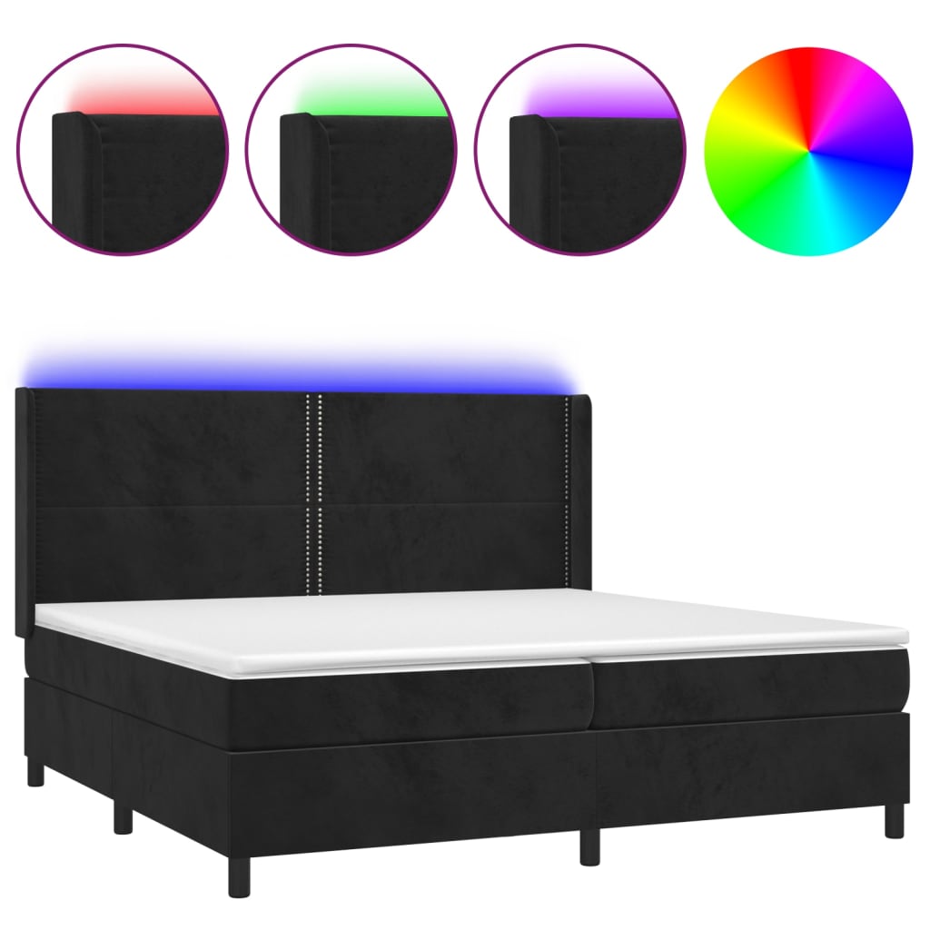 Krevet box spring s madracem LED crni 200x200 cm baršun