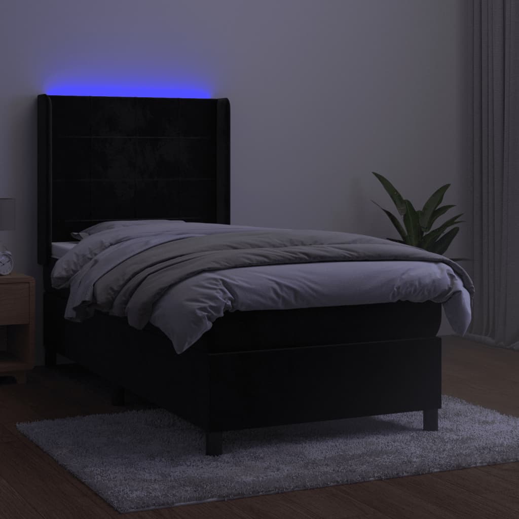 Krevet box spring s madracem LED crni 90x200 cm baršun