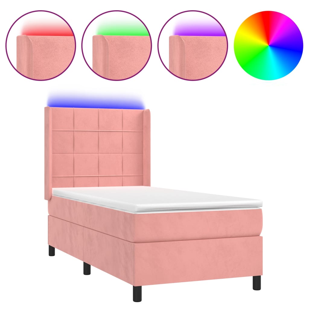 Krevet box spring s madracem LED ružičasti 90x200 cm baršunasti