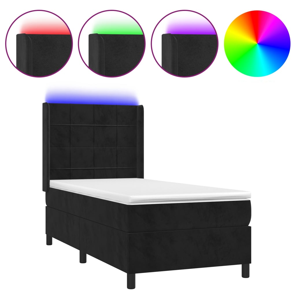Krevet box spring s madracem LED crni 100x200 cm baršun