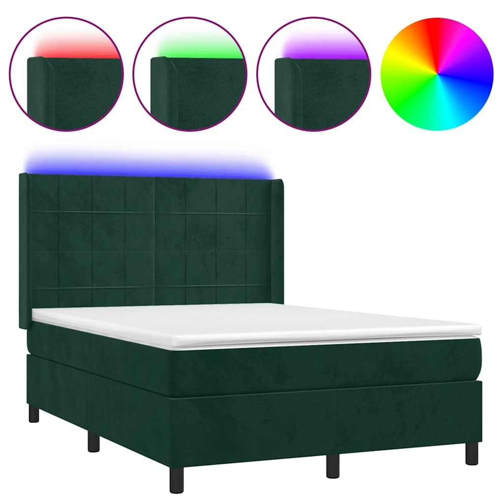 Krevet box spring s madracem LED tamnozeleni 140x190 cm baršun