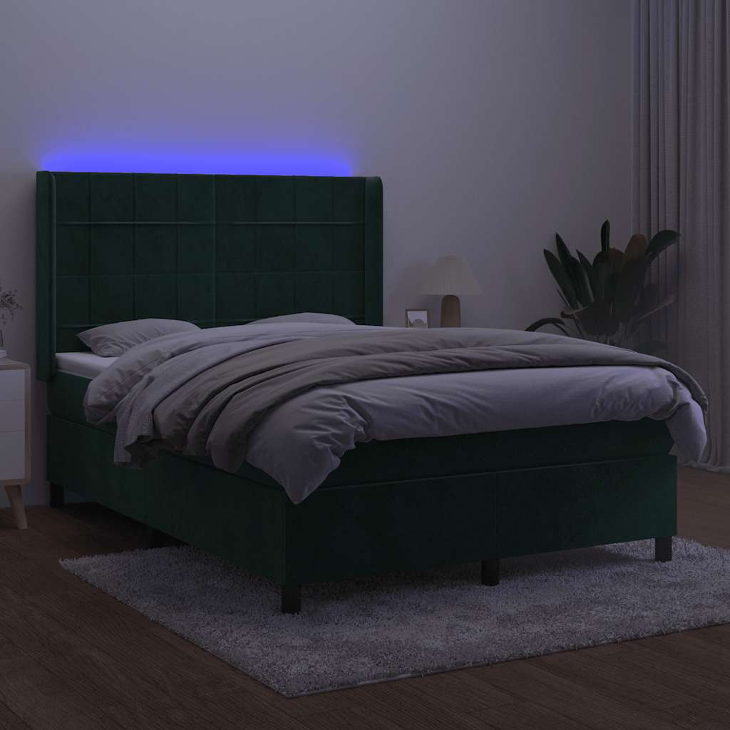 Krevet box spring s madracem LED tamnozeleni 140x190 cm baršun