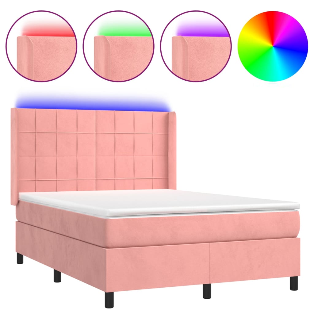 Krevet box spring s madracem LED ružičasti 140x190cm baršunasti