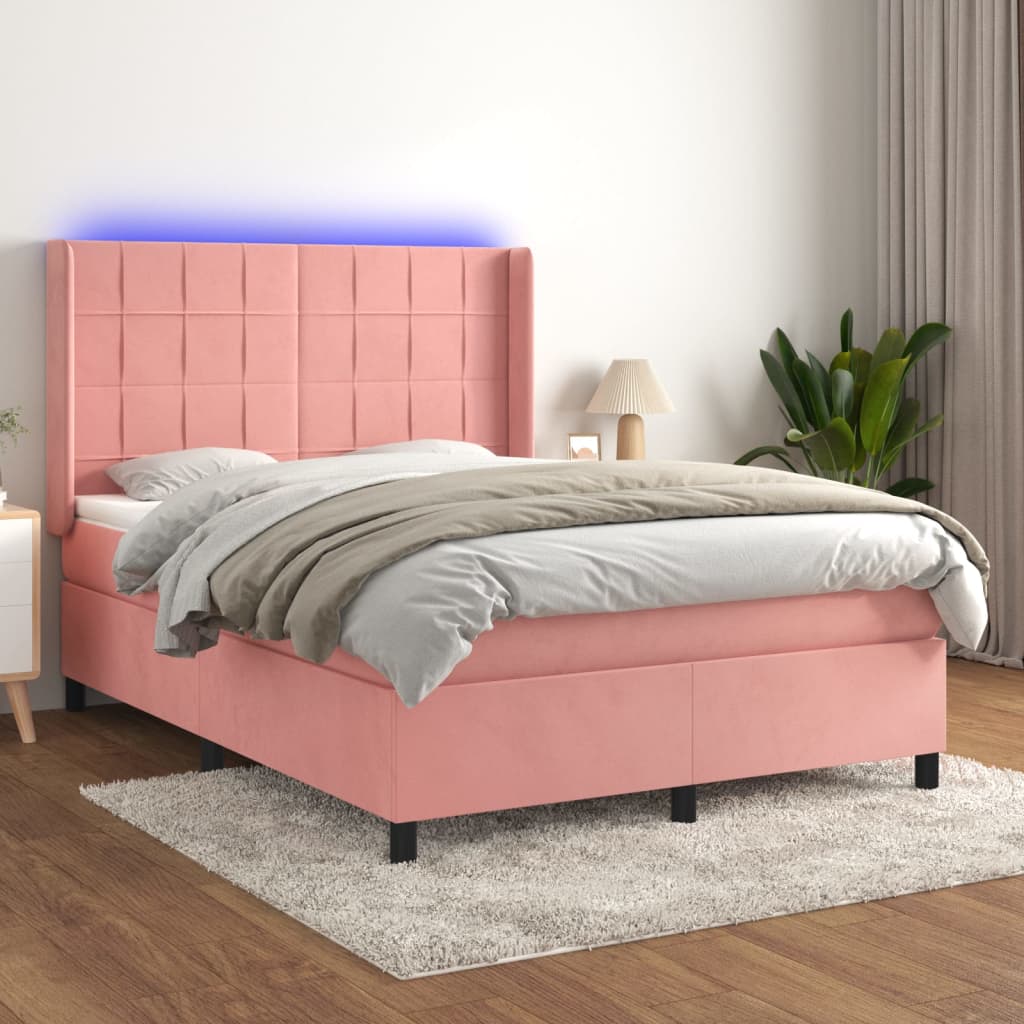 Krevet box spring s madracem LED ružičasti 140x190cm baršunasti
